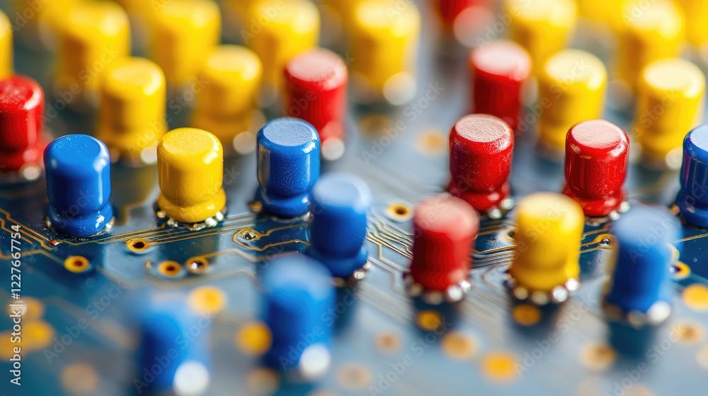 Poster vibrant macro shot of colorful electronic circuit board components with empty space for text ideal f