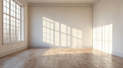 Obraz premium Elegant minimalist room with abundant natural light highlighting design potential and spacious wooden flooring.