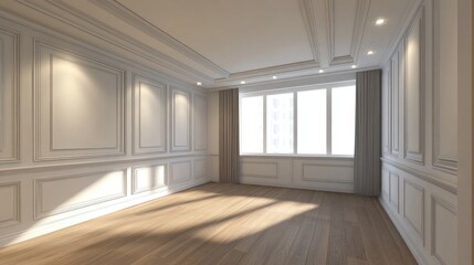 Minimalist Interior Design featuring White Paneled Walls and Hardwood Floors in a Bright Room with Natural Light