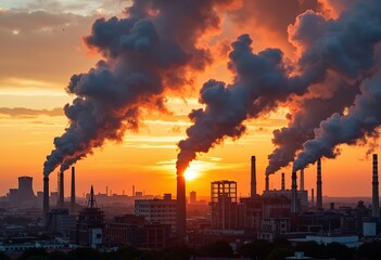 Dramatic industrial city aerial: smokestacks emit clouds, orange sunset sky, pollution scale, architectural influence of industry, landscape impact.

