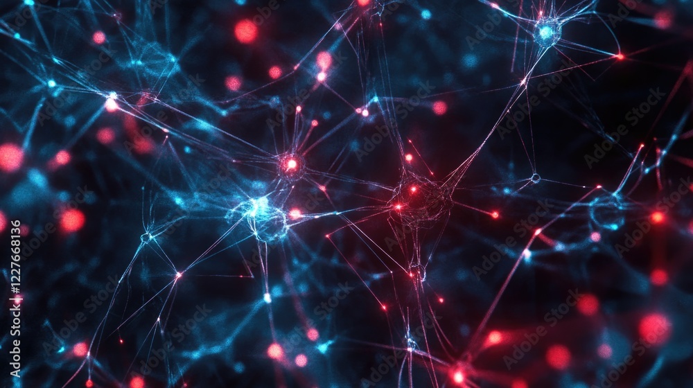 Poster abstract network nodes glowing in dark blue and light red with interconnected lines representing dat