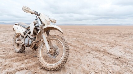Fototapeta premium Vintage motorcycle disassembled on a dirt patch, components arranged amidst a cloudy sky, evoking a sense of nostalgia and rugged exploration in a tranquil setting