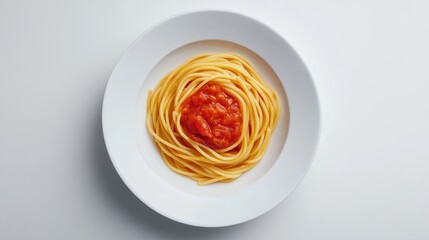 Mafaldini pasta with rich tomato sauce presented in a white dish showcasing a top view culinary arrangement.
