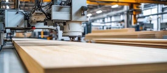 Modern furniture factory interior showcasing automated machinery and wood panel production with ample empty space for text insertion.