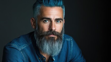 Obraz premium Stylish man with blue hair and beard wearing a denim shirt posing confidently in a dark setting