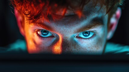 Man with red hair and blue eyes focused on computer screen with dramatic lighting exploring cybersecurity themes and digital challenges