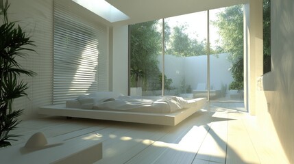 Fototapeta premium Bright minimalist bedroom design featuring natural light, greenery, and a serene outdoor space for a tranquil atmosphere and peaceful retreat.