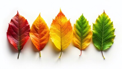 Autumn Leaf Rainbow: Green to Red Gradient, Fall Foliage, Isolated White Background, Tilt-Shift Photography