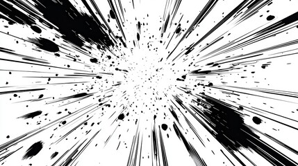 Abstract black and white radial burst pattern. High contrast monochrome image with radiating lines and texture. Dynamic and energetic visual effect