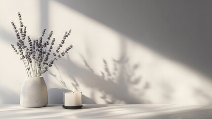 Minimalist light grey mockup with lavender and candle creating a serene interior ambiance on a table with soft shadows.