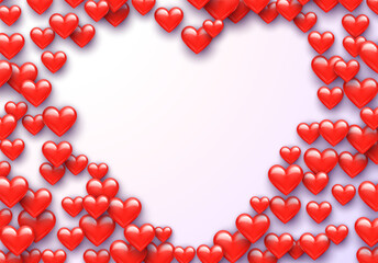 Valentine's Day greeting card with red hearts flying scattered over background. Symbol of love and spring, sprayed