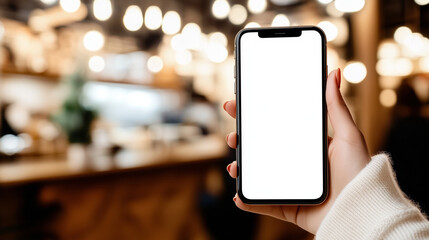 Hand Holding Mobile Phone with Empty Display in Cozy Café or Bar, Smartphone Mockup for Coffee Shop App, Online Orders, or Digital Menu.
