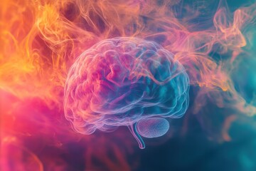 Colorful abstract representation of a brain amidst vibrant smoke and light effects