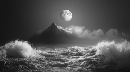 Monochrome surreal ocean scene with foggy mountain moonlit night waves and clouds ideal for dreamlike text overlays and artistic designs
