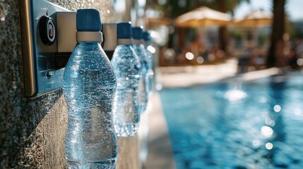 Resort self-service natural mineral water station by the pool with crowd control features during summertime relaxation
