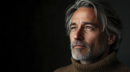 Obraz premium Thoughtful mature man with gray hair wearing a cozy sweater against a dark background showcasing wisdom and experience in his expression