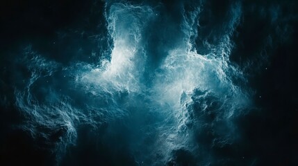 Obraz premium Abstract swirling nebula, dark blue and white particle effect, cosmic dust cloud, glowing energy, dark background, digital art