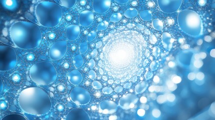 Abstract digital art depicting a swirling vortex of blue and white orbs, creating a tunnel like effect toward a bright light source. The texture is