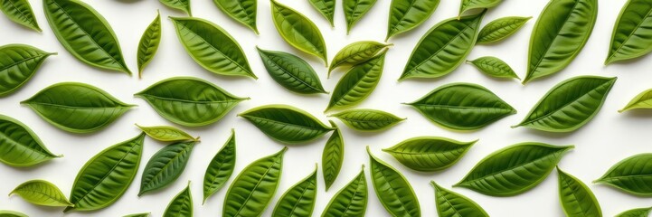 Green tea leaves arranged in a symmetrical pattern on a white background, composition, design, green tea leaves