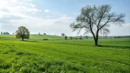 Obraz premium Green grassy field with a few trees in the background, forest, earthy tones, nature photography, wildflowers