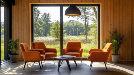 Obraz premium Modern Wooden Office Waiting Area with Natural Light and Cozy Seating Arrangement Amidst Scenic Outdoor View