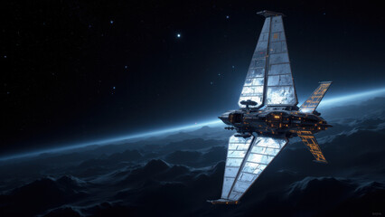 Futuristic spaceship soaring through galaxy with stars and nebulae in background.