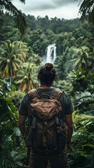 Fototapeta premium Hiker views jungle waterfall