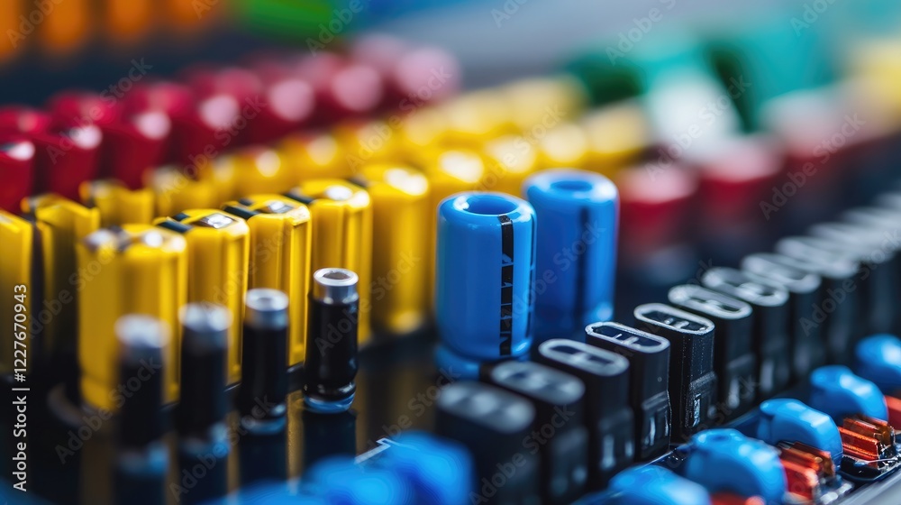Poster vibrant macro shot of colorful computer circuit board components showcasing technology with clear sp