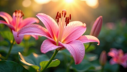 Pink lily blooms swaying gently in the soft light, petals, soft, delicate