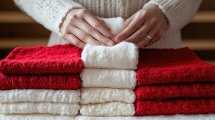 Hands arranging neatly stacked red and white fleece piles on a wooden surface with copy space for textile or crafting related text