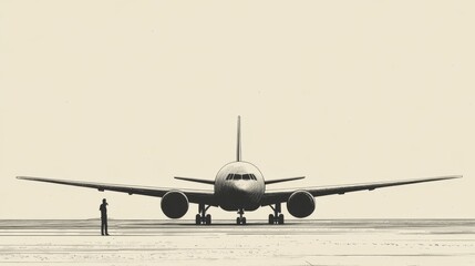Naklejka premium Monochrome illustration of a large passenger airplane on a runway with a person standing in the distance.