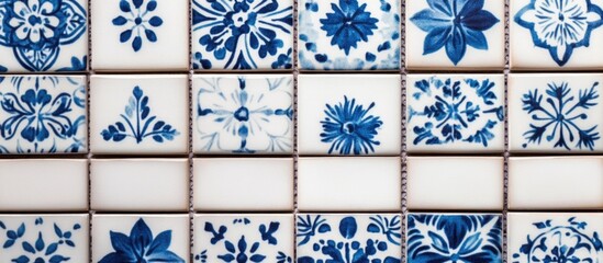 Fototapeta premium Blue and white ceramic porcelain square mosaic tiles wall texture with ample empty space for text or branding in a decorative layout