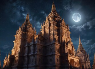Fototapeta premium Grandiose temple complex with towering spires and intricate carvings under a starry night sky , majestic, serene