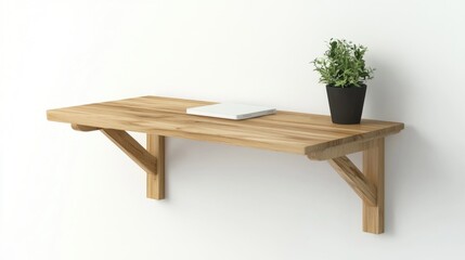 Scandinavian style wall mounted foldable desk in natural wood finish with potted plant and laptop on minimalist background
