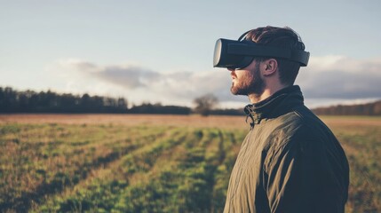 Man immersed in virtual reality outdoors, exploring technology in a serene field landscape, blending nature with digital experiences.