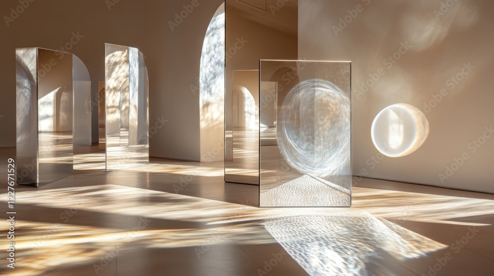 Poster Minimalist mirrors creating sunlight reflections and artistic shadows in a modern interior space