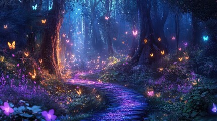 Enchanting Pathway Surrounded by Glowing Butterflies in a Mystical Forest Landscape