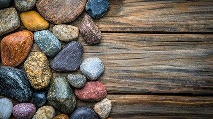 Assorted natural stones arranged on a rustic wooden surface creating a harmonious and earthy backdrop for various design projects
