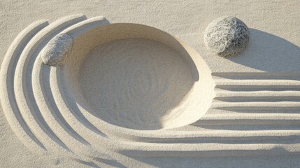 Naklejka premium Minimalist Zen garden design featuring raked sand and geometric shapes promoting tranquility and peaceful meditation ambiance