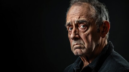 Obraz premium Portrait of an older man displaying a distressed expression against a dark background emphasizing emotion and age-related experiences.