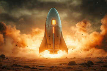 Obraz premium sleek, silver 60s style rocket with four rectangular fins at its base, landing on mars