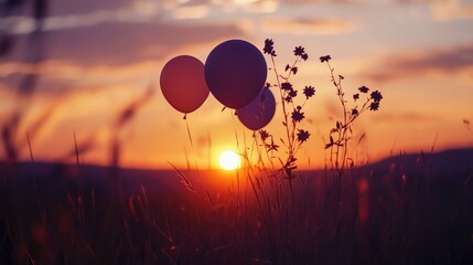 Balloons and Wildflowers Against a Scenic Sunset Sky in Nature Celebrating Dusk