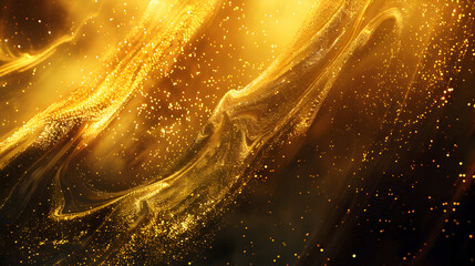 A mesmerizing abstract design featuring golden swirls and sparkling particles.