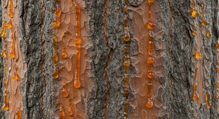 Tree Resin Flow: Close-up view of amber resin dripping down the textured bark of a tree, showcasing the viscous, sticky substance and the tree's natural patterns.