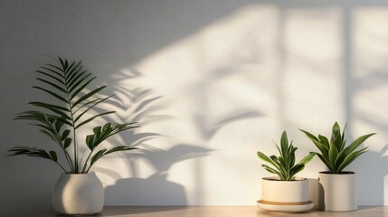 Minimalist indoor plant arrangement with shadows creating a serene atmosphere in a stylish and cozy setting