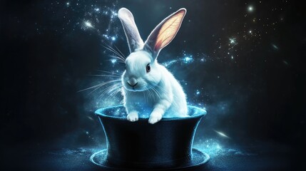 Magical rabbit appearing from a magician's top hat with sparkling effects in a mystical performance setting.