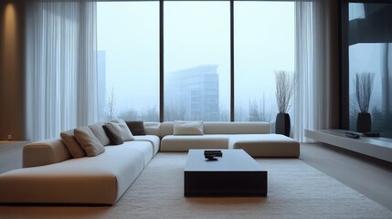Modern minimalist living room with cozy seating, large windows, and a serene atmosphere highlighting sleek design and natural light