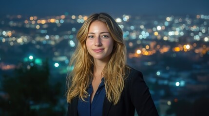 Nighttime Urban Skyline with Woman Portrait Against Vibrant City Lights in Ramat Gan High Dynamic Range Photography