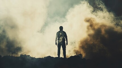 Silhouetted Worker in Industrial Setting Amidst Smoke at Steel Mill During Heavy Manufacturing Operations