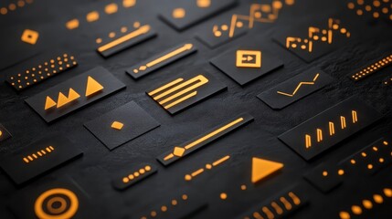 Abstract 3D render of dark geometric shapes with gold accents and glittering particles. The image features various abstract symbols and lines